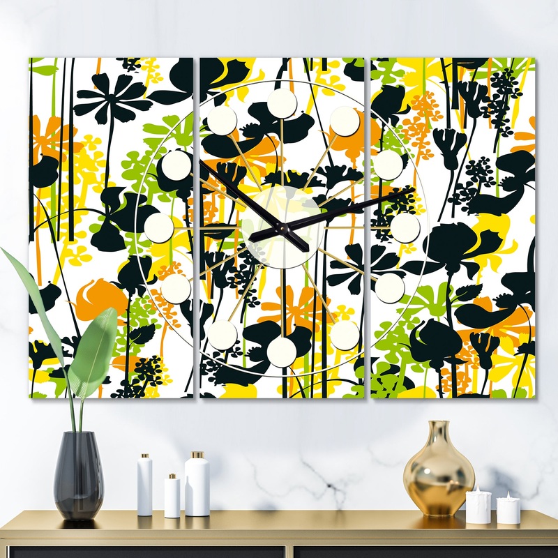 Summer meadow pattern, black silhouettes - Oversized Mid-Century wall clock - 3 Panels
