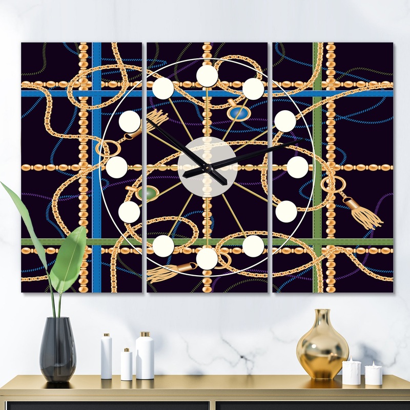 Trendy Gold Chain Pattern - Oversized Mid-Century wall clock - 3 Panels