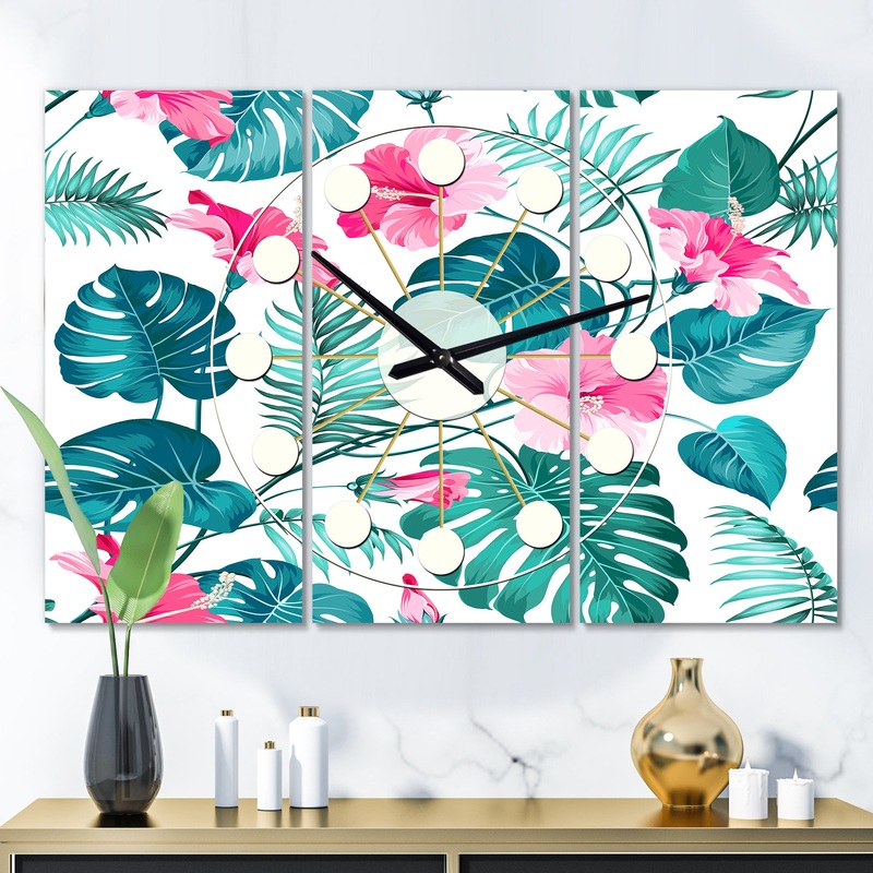 Tropical Botanicals and Flowers - Oversized Mid-Century wall clock - 3 Panels