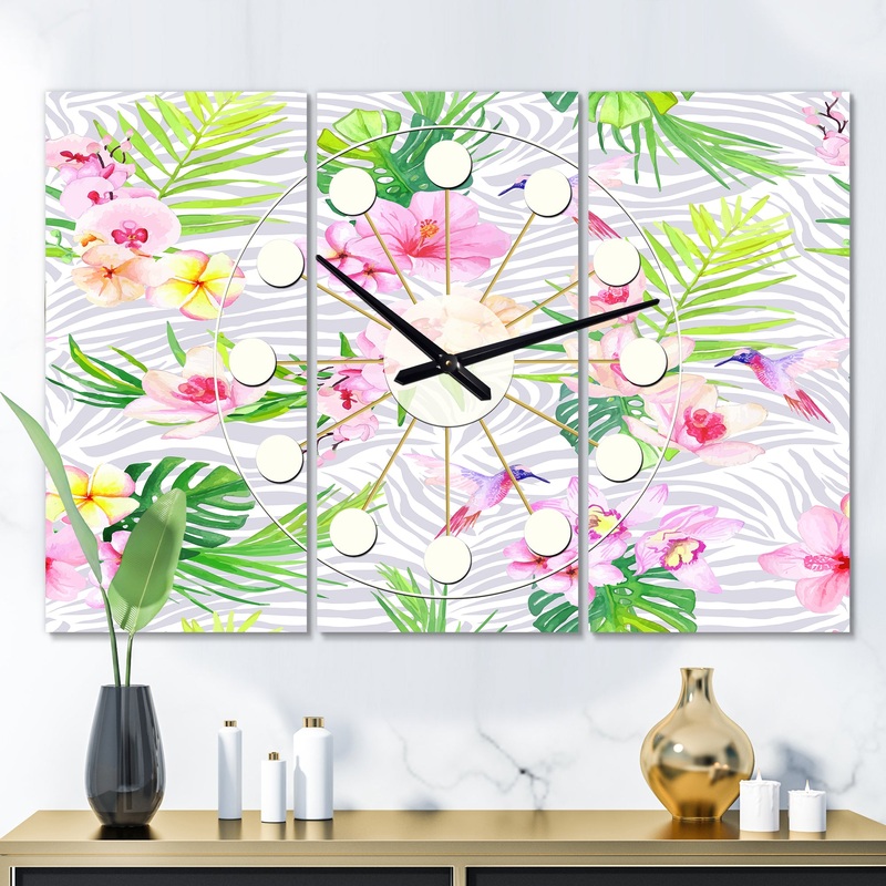 Tropical Botanicals and Flowers VI - Oversized Mid-Century wall clock - 3 Panels