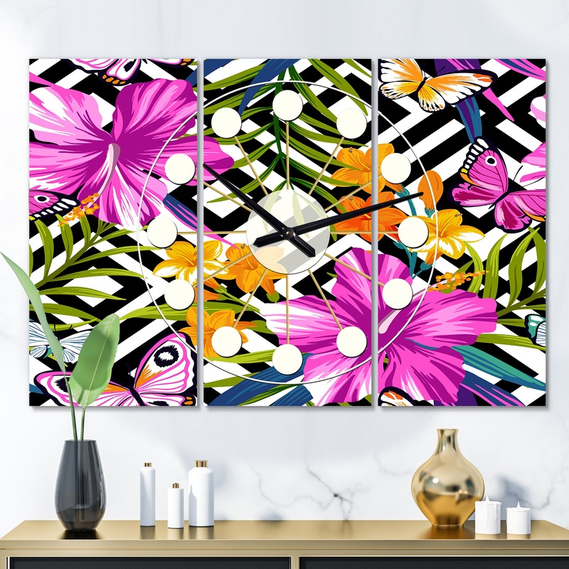 Tropical Foliage and Geometrics - Oversized Mid-Century wall clock - 3 Panels