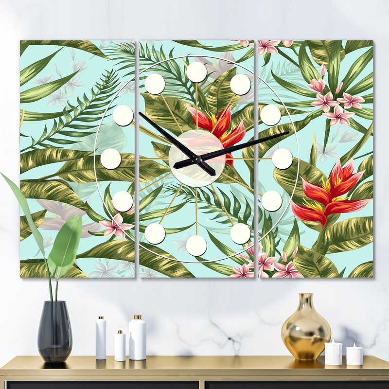 Tropical Foliage II - Oversized Mid-Century wall clock - 3 Panels