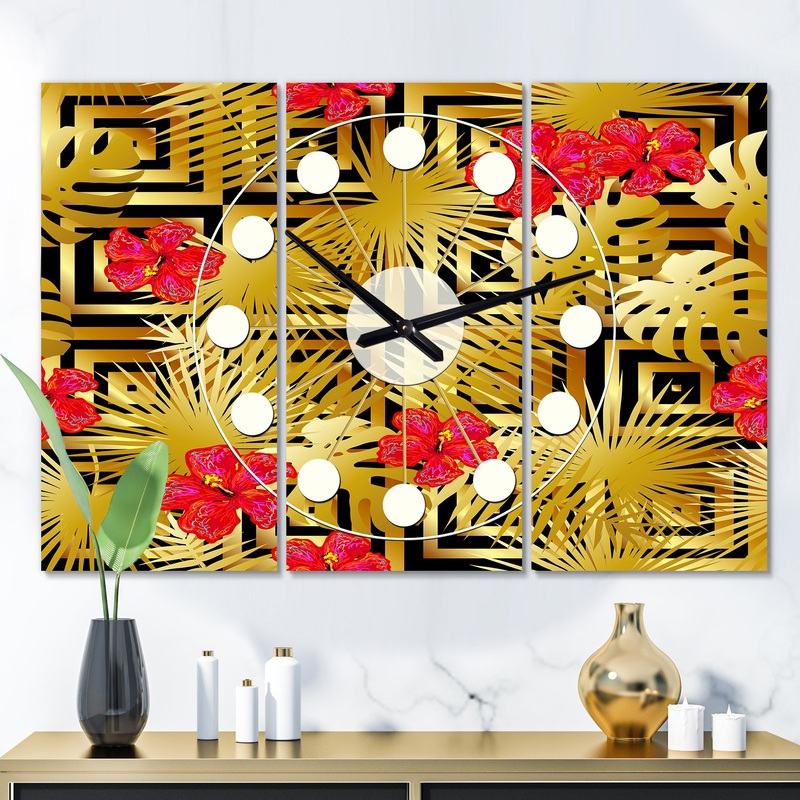 Tropical Gold Luxury Pattern I - Oversized Mid-Century wall clock - 3 Panels