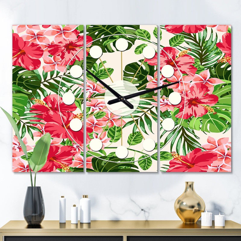 Tropical Leaves and Flowers I - Oversized Mid-Century wall clock - 3 Panels