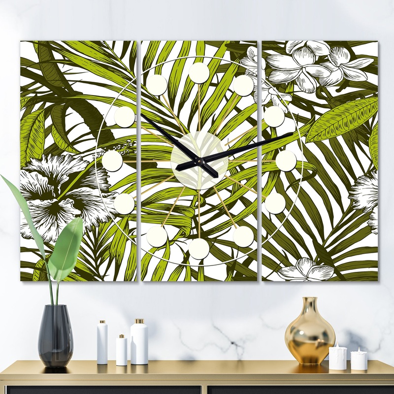 Tropical Palm Leaves I - Oversized Mid-Century wall clock - 3 Panels