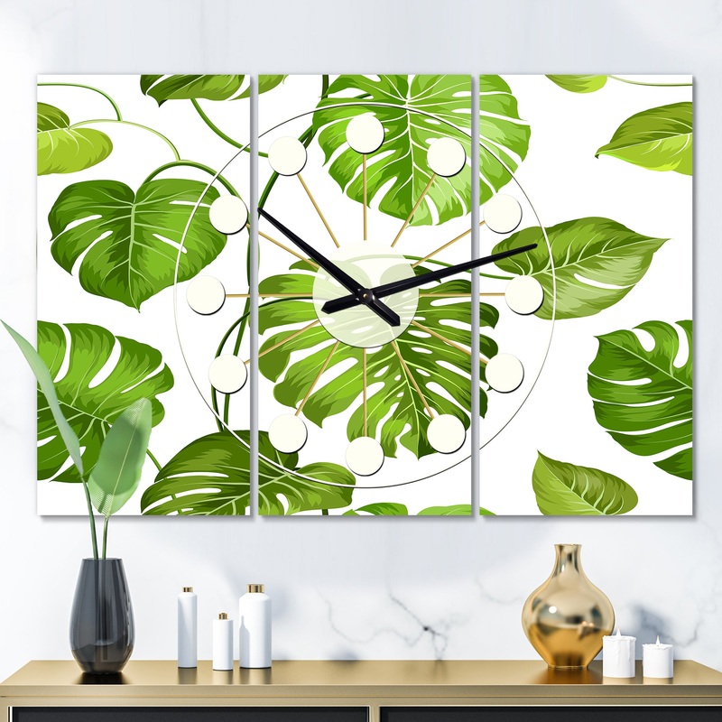 Tropical Palm Leaves II - Oversized Mid-Century wall clock - 3 Panels