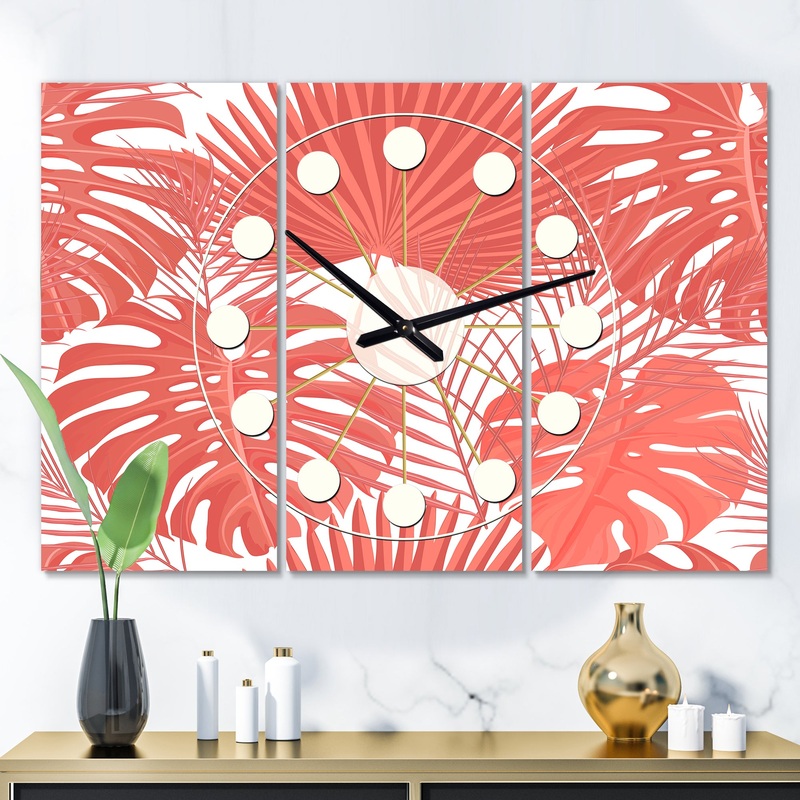 Tropical Retro Foliage Coral I - Oversized Mid-Century wall clock - 3 Panels