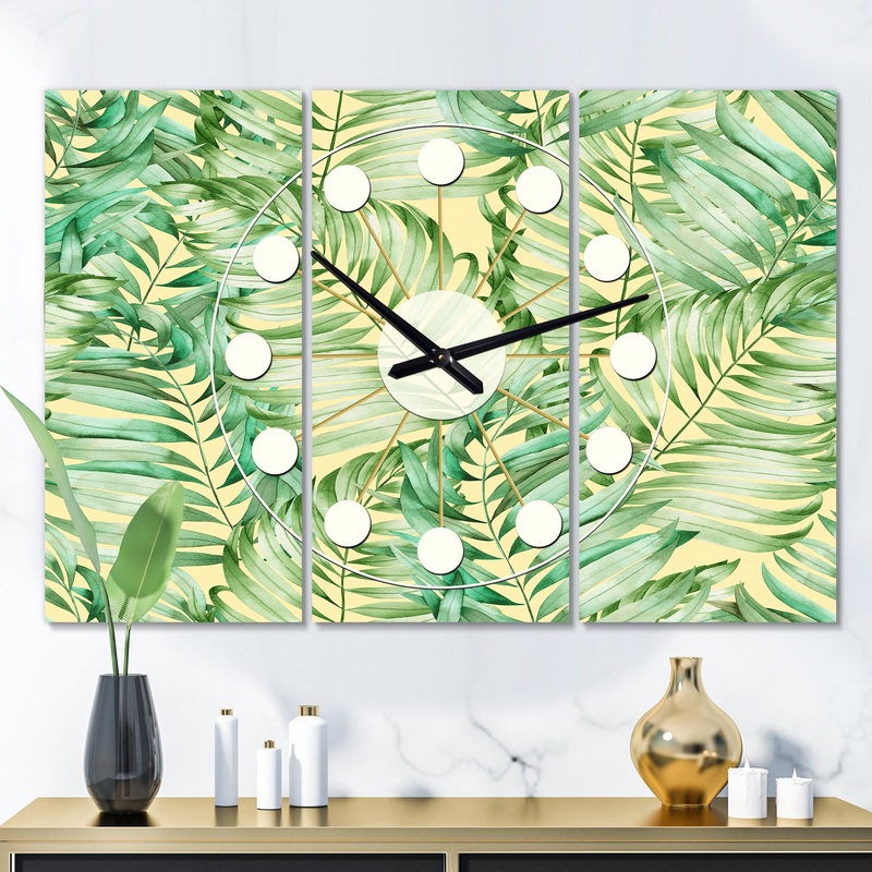 Tropical Retro Foliage  - Oversized Mid-Century wall clock - 3 Panels