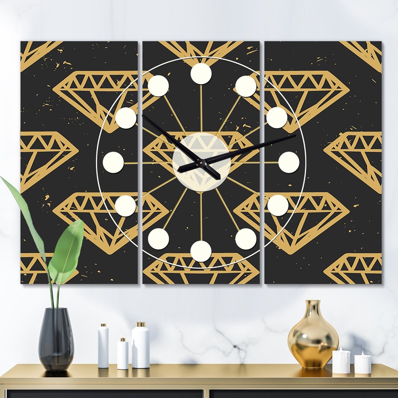 Vintage Golden Diamonds - Oversized Mid-Century wall clock - 3 Panels