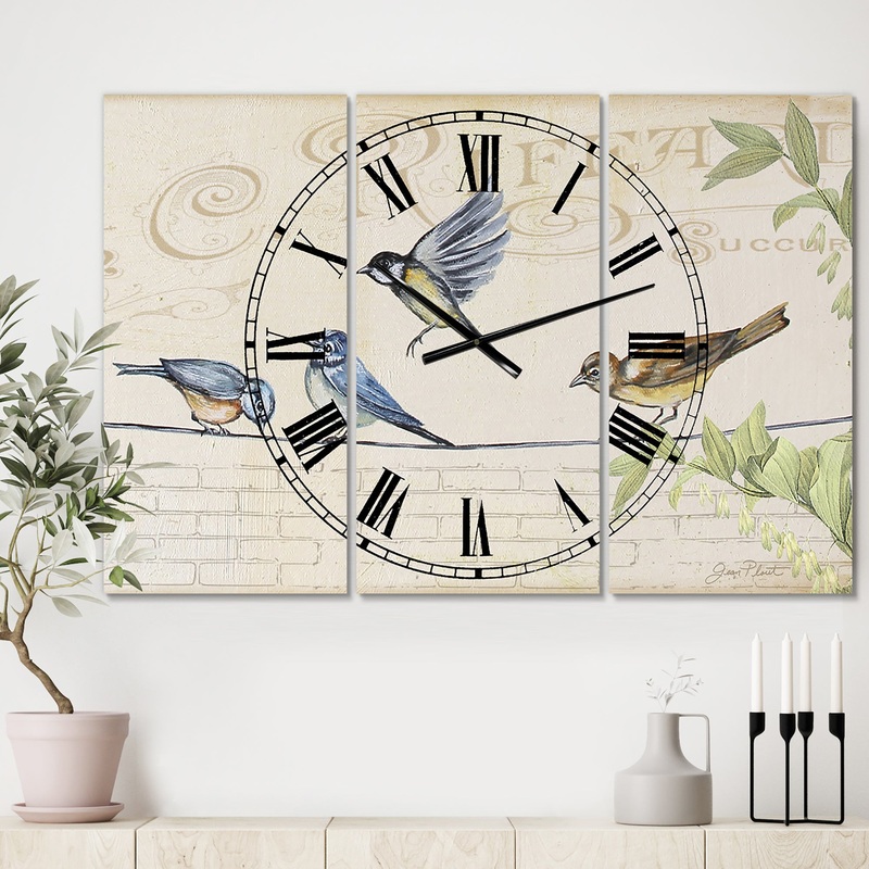 Birds Gathered On Wire Paris I - Oversized Cottage Wall Clock - 3 Panels
