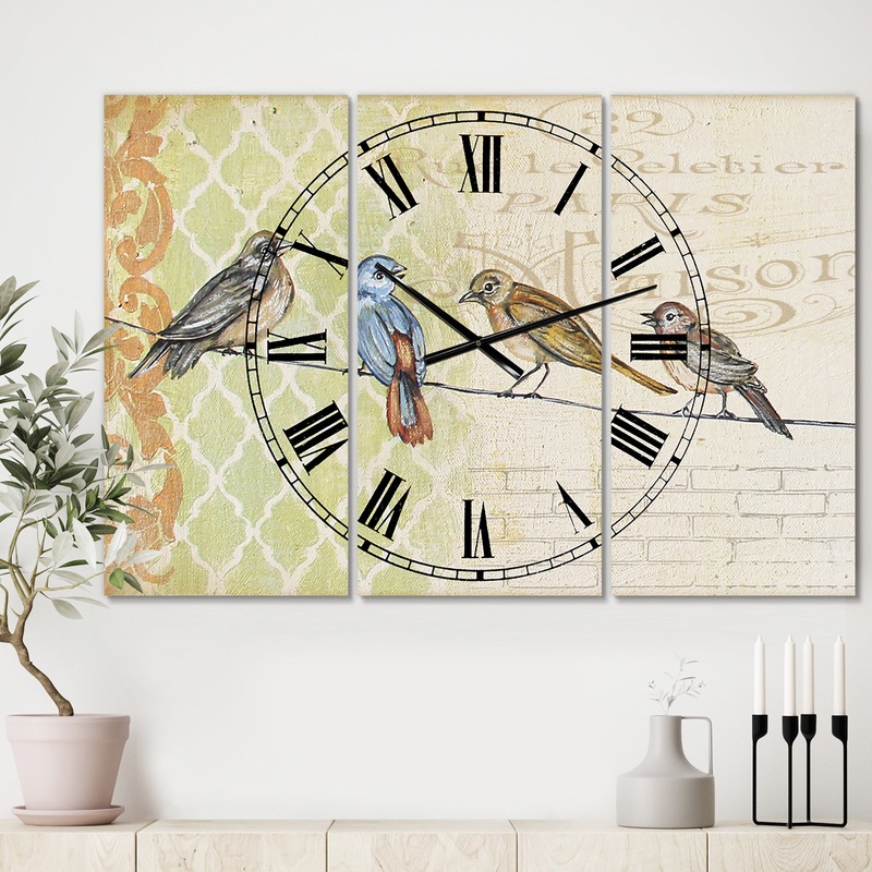 Birds Gathered On Wire Paris II - Large Cottage Wall Clock - 3 Panels