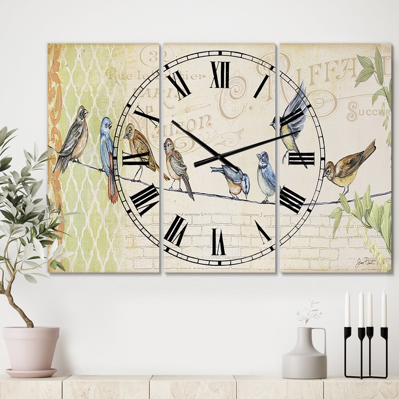 Birds Gathered On Wire Paris III - Oversized Cottage Wall Clock - 3 Panels