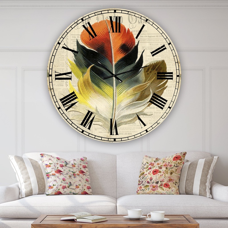 Colorful Elegant Feather III - Oversized Cottage Wall Clock