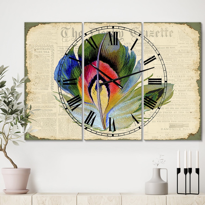 Colorful Elegant Feather On Old Style Newspaper II - Large Cottage Wall Clock - 3 Panels
