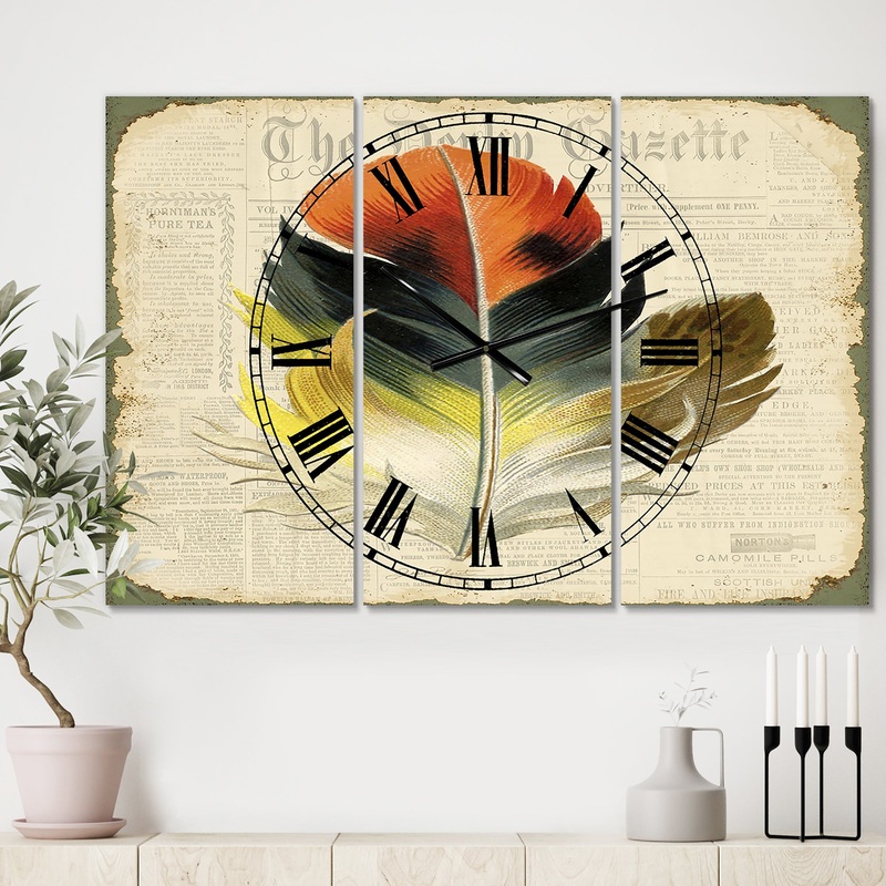 Colorful Elegant Feather On Old Style Newspaper III - Oversized Cottage Wall Clock - 3 Panels