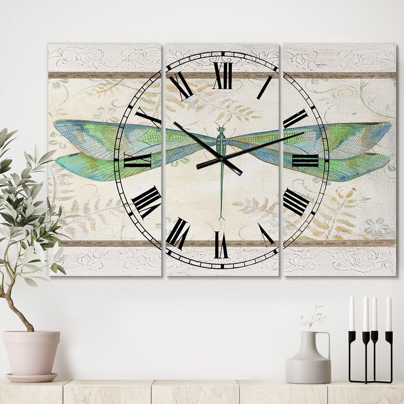 Summer Dragonfly 3 - Oversized Cottage Wall Clock - 3 Panels