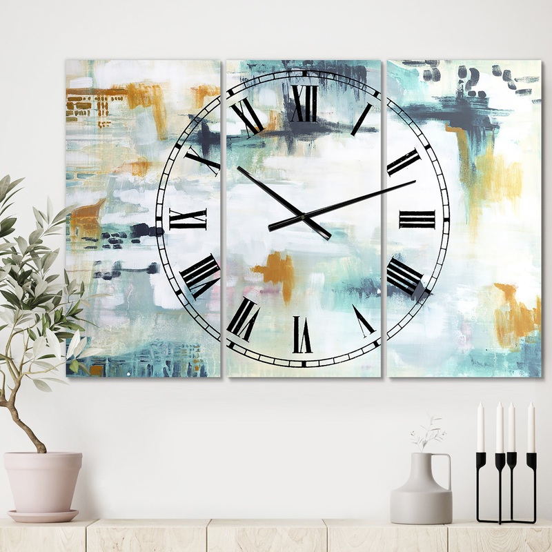 Teal And White Composition  - Oversized Modern Wall Clock - 3 Panels