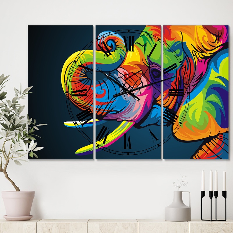 The Happy Rainbow Elephant - Large Modern Wall Clock - 3 Panels