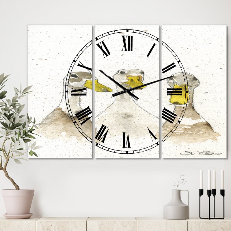 Three White Ducks - Large Farmhouse Wall Clock - 3 Panels