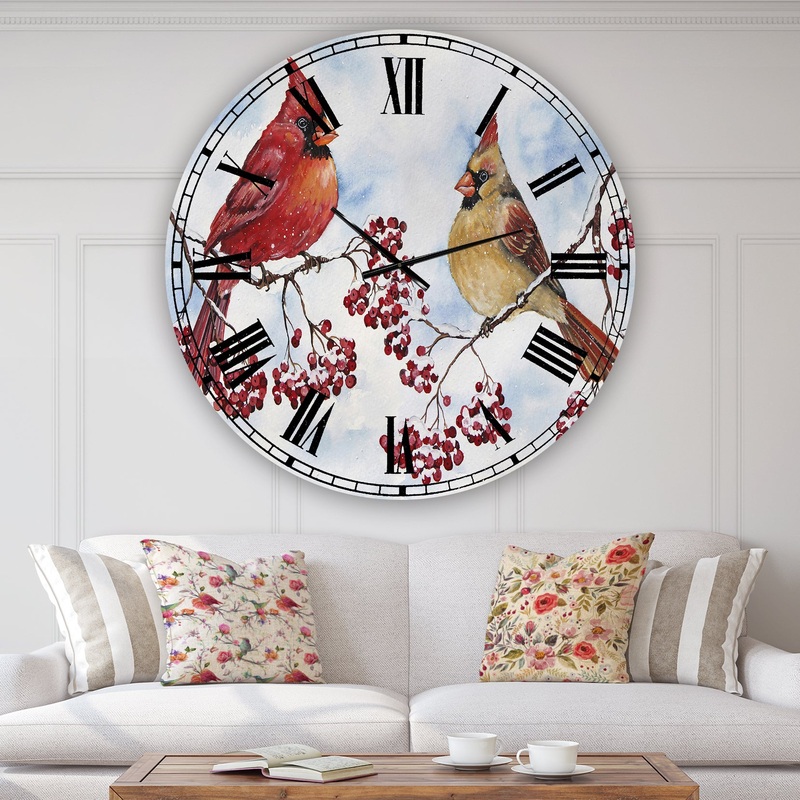 Two Cardinals And Snowy Winter Berries - Oversized Cottage Wall Clock