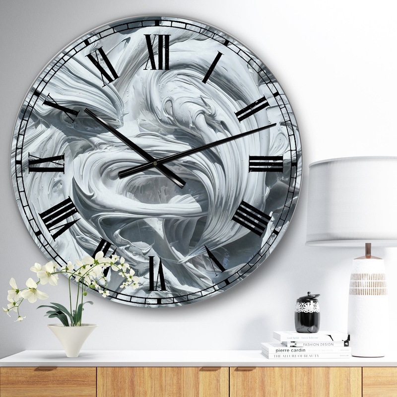 Waves of White Gray Paint - Large Modern Wall Clock