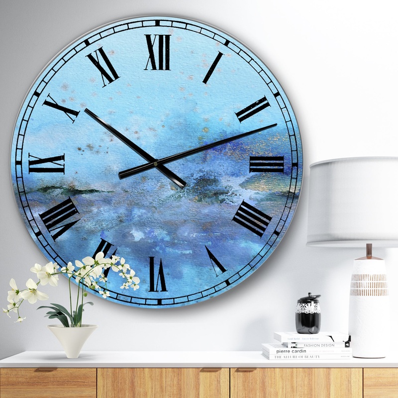 Blue And Gold Water Impression - Large Modern Wall Clock