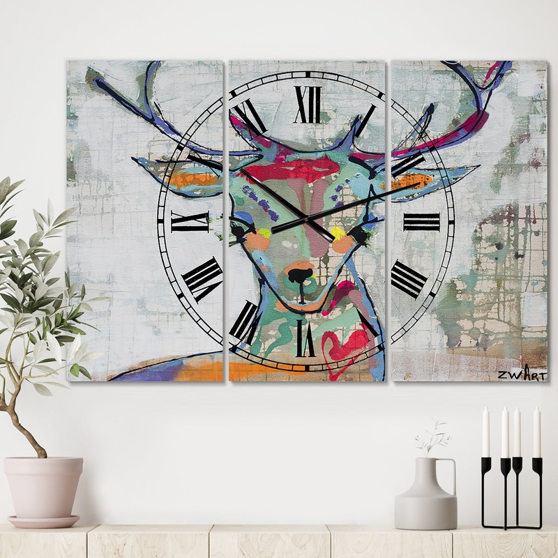 Colorful Deer I - Large Cottage Wall Clock - 3 Panels