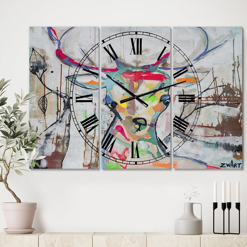 Colorful Deer II - Oversized Cottage Wall Clock - 3 Panels