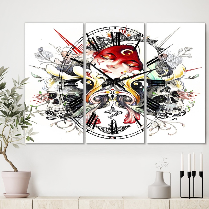 Sleeping Girl on Blossoming Skulls - Oversized Modern Wall Clock - 3 Panels