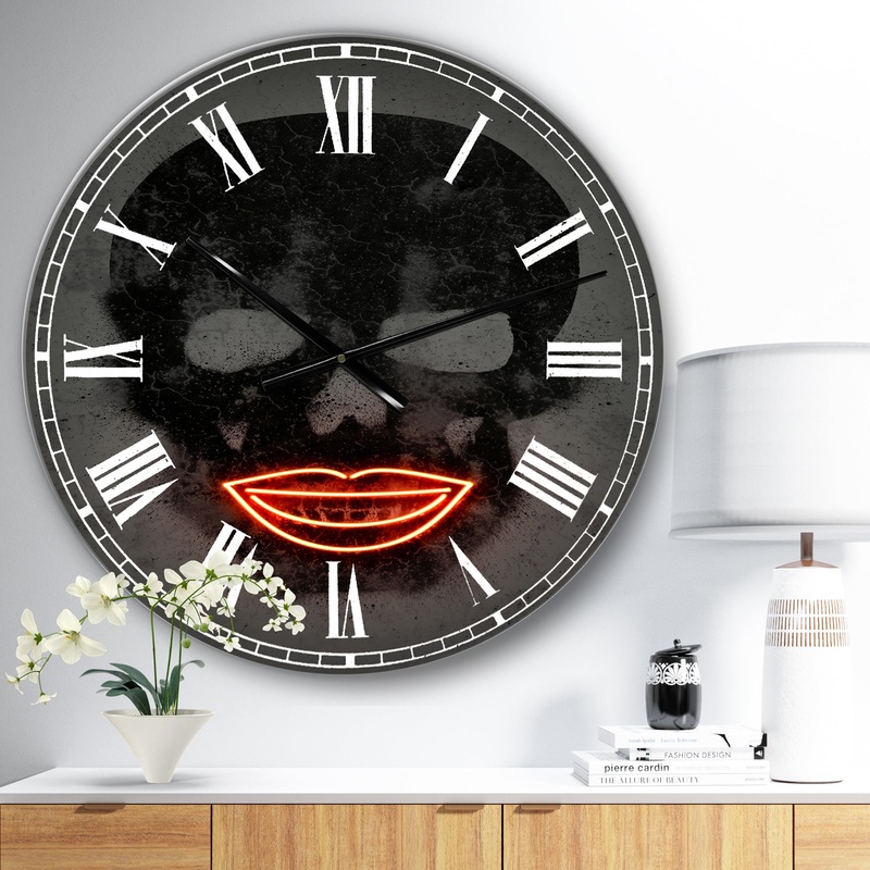 Smiling Red Lips Neon Skull - Modern Wall Clock