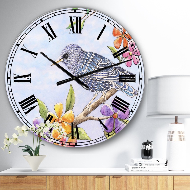 Starling Bird with Flowers - Large Cottage Wall Clock