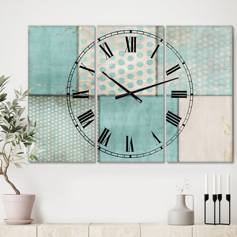 Teal Print Collage - Large Mid-Century Wall Clock - 3 Panels
