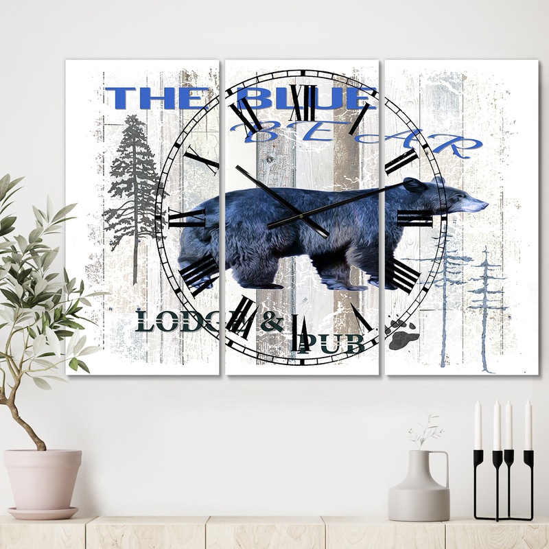 The Blue Bear - Large Cottage Wall Clock - 3 Panels