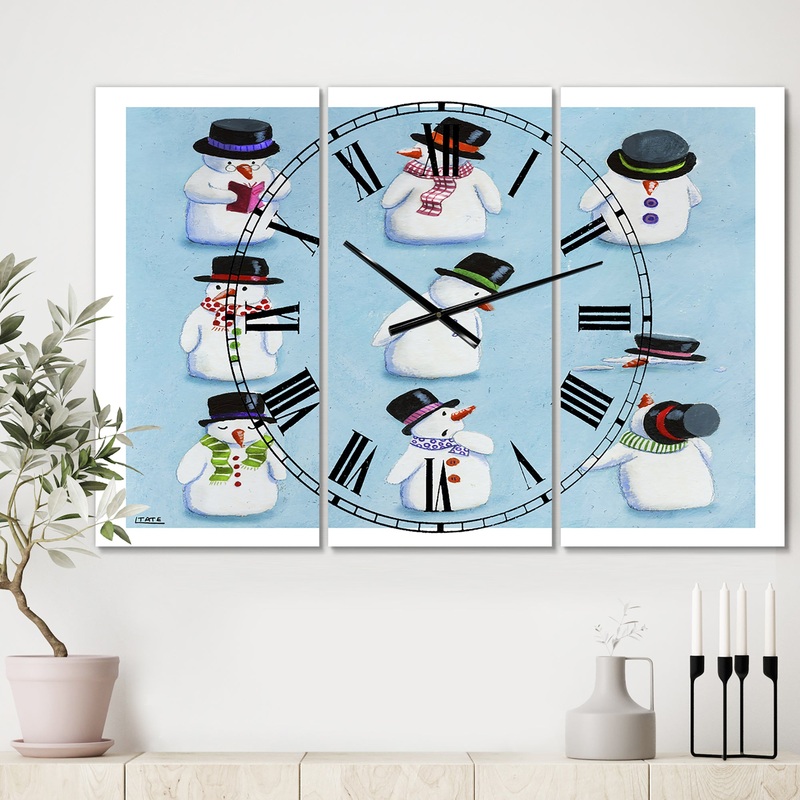 The Melting Snowmen - Oversized Modern Wall Clock - 3 Panels