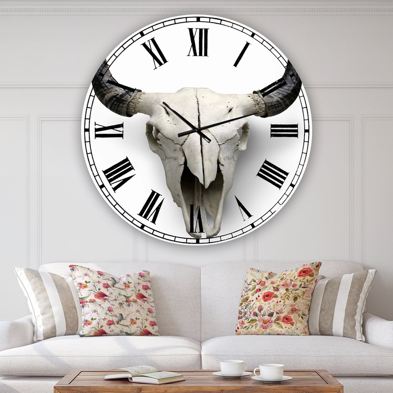 White Cow Skull With Black Horns - Oversized Farmhouse Wall Clock