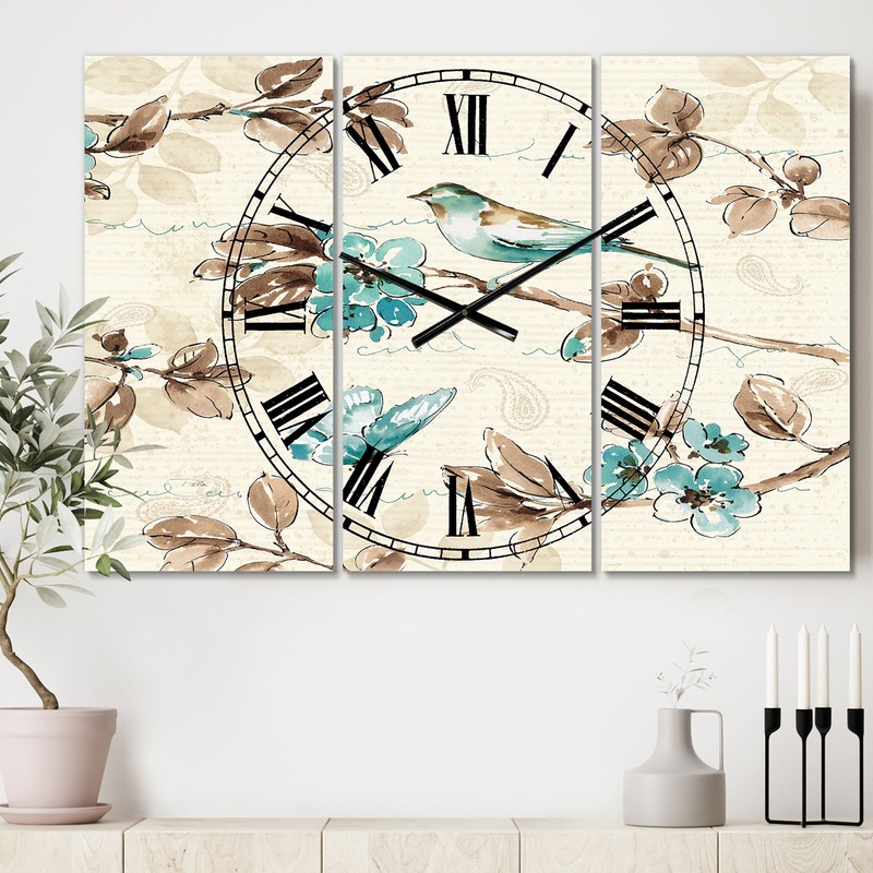 Beige Bird Wings - Cottage 3 Panels Large Wall CLock