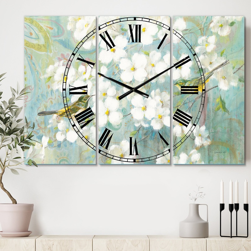 Birds on Blossom - Cottage 3 Panels Oversized Wall CLock