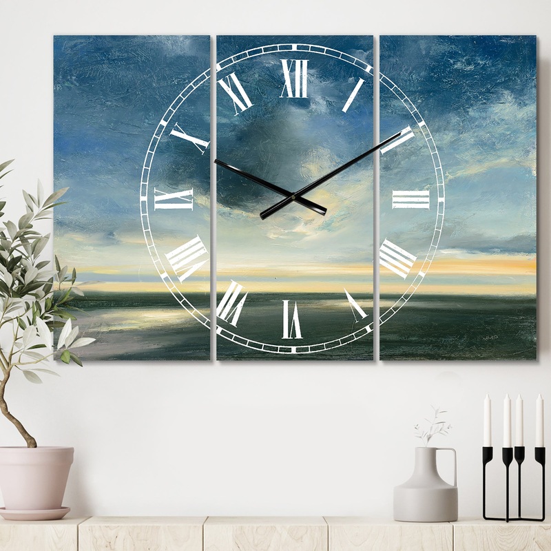 Blue Coastal Sunrise - Cottage 3 Panels Oversized Wall CLock