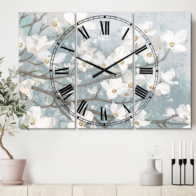 Blue on Grey Blossoms - Cottage 3 Panels Oversized Wall CLock