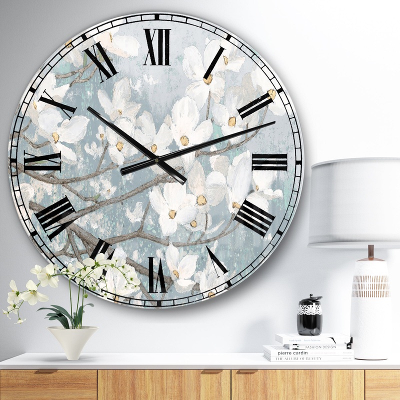 Blue on Grey Blossoms  - Traditional Large Wall CLock