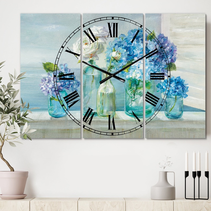 Coastl Flowers Bouquets - Cottage 3 Panels Large Wall CLock