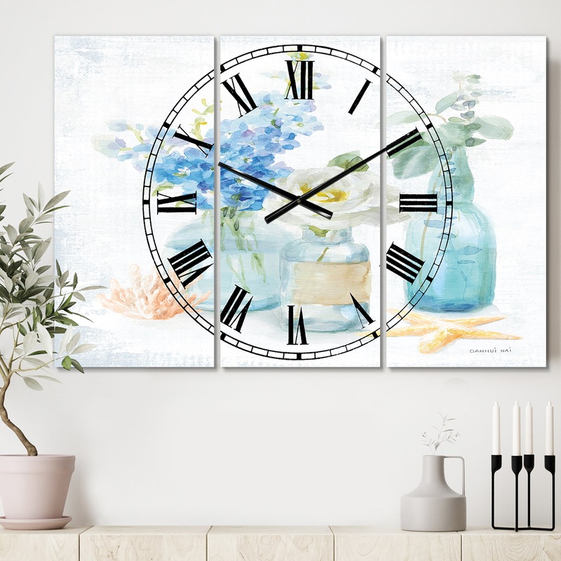 Cottage Florals II - Cottage 3 Panels Large Wall CLock