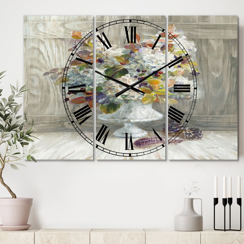 Rustic Florals White - Cottage 3 Panels Oversized Wall CLock