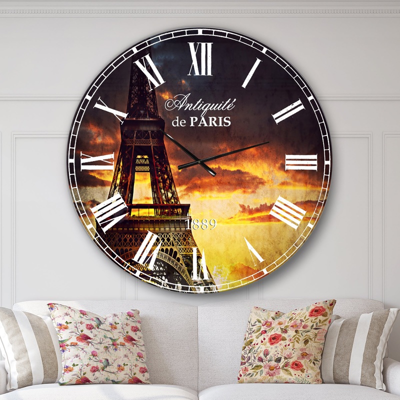 Sunset View with Paris Eiffel tower - Cityscapes Large Wall CLock