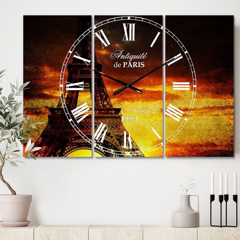 Sunset View with Paris Eiffel tower - Cottage 3 Panels Oversized Wall CLock