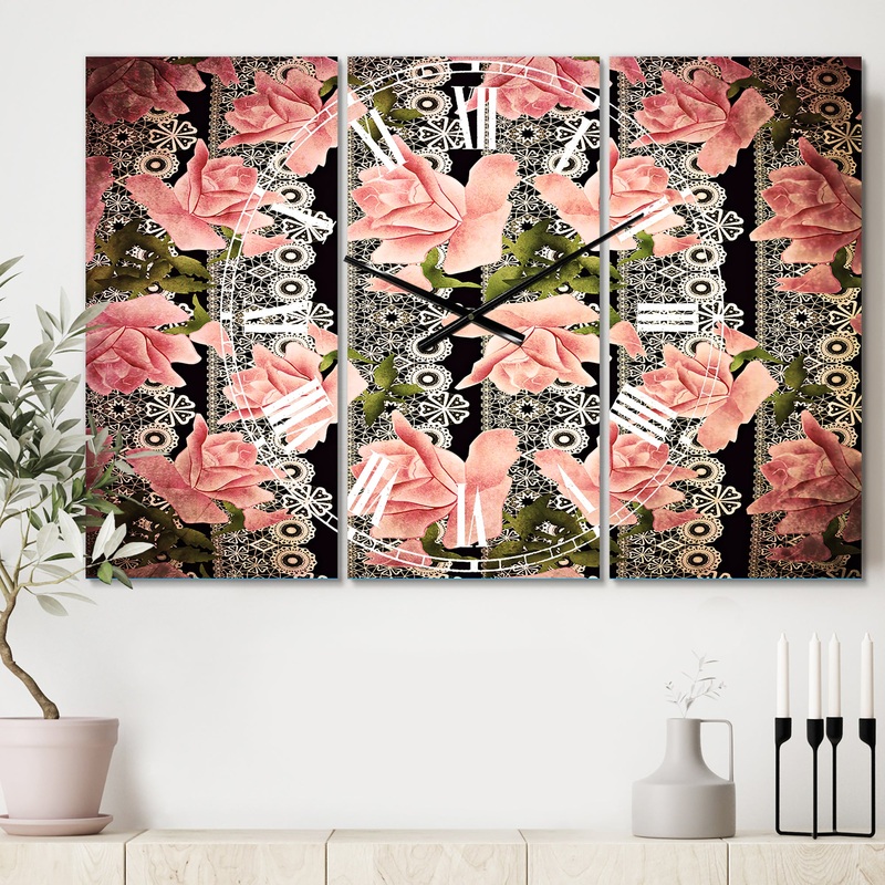 Black Lacy Roses Pattern - Cottage 3 Panels Large Wall CLock