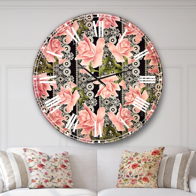 Black Lacy Roses Pattern - Digital Art Wall CLock