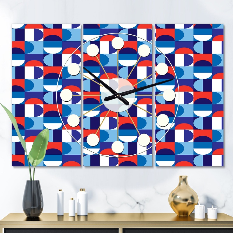 Blue, Red & White Polka Dots - Oversized Mid-Century wall clock - 3 Panels