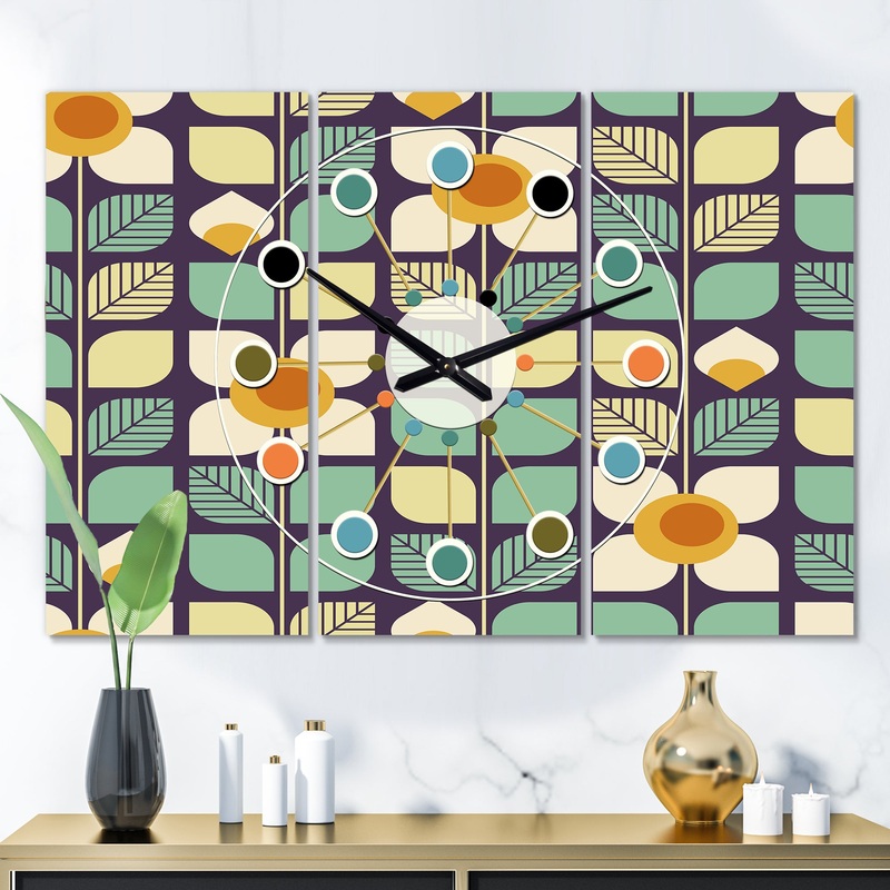 Botanical Retro Design III - Oversized Mid-Century wall clock - 3 Panels