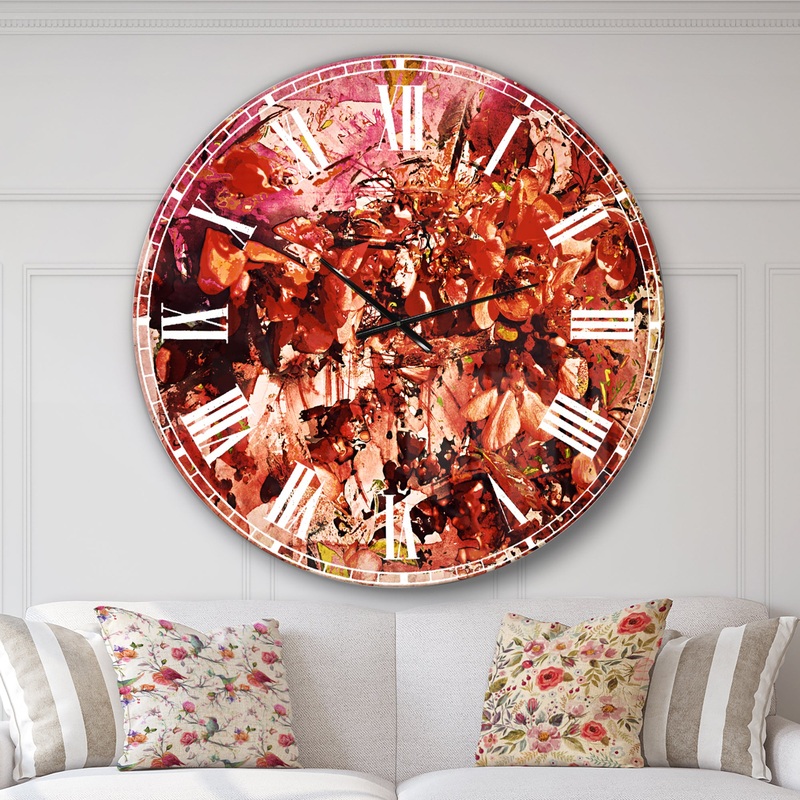 Bouquet of Red Sakura Flowers - Floral Large Wall CLock on Wrapped Canvas